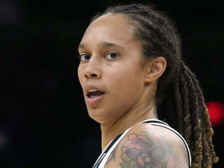 FILE - Phoenix Mercury center Brittney Griner during the first half of Game 2 of basketball's WNBA Finals against the Chicago Sky, Oct. 13, 2021, in Phoenix. Brittney Griner is easily the most prominent American locked up by a foreign country. But the WNBA star’s case is tangled up with that of another prisoner few Americans have ever heard of. Paul Whelan has been held in Russia since his December 2018 arrest on espionage charges he and the U.S. government say are false. (AP Photo/Rick Scuteri, File)