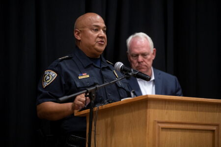 Uvalde Police Chief Pete Arredondo speaks at a press conference following the shooting at Robb Elementary School in Uvalde, Texas, U.S., May 24, 2022. Picture taken May 24, 2022.  Mikala Compton/USA TODAY NETWORK via REUTERS     THIS IMAGE HAS BEEN SUPPLIED BY A THIRD PARTY. MANDATORY CREDIT.  NO RESALES. NO ARCHIVES