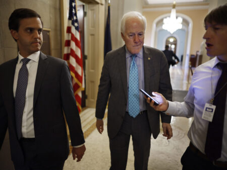 WASHINGTON, DC - JUNE 23: Senate Minority Whip John Cornyn (R-TX) talks to reporters after giving a speech in support of the Bipartisan Safer Communities Act at the U.S. Capitol on June 23, 2022 in Washington, DC. Cornyn is the lead Republican negotiator on new bipartisan gun safety legislation, which overcame a filibuster threat in the Senate on Thursday (Photo by Chip Somodevilla/Getty Images)