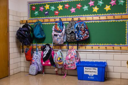 Backpacks outside a classroom on the first day of school at Barton Hills Elementary in Austin, TX  on Tuesday, August 17, 2021.
