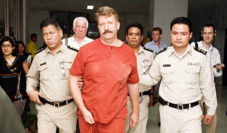 BANGKOK, THAILAND - JULY 28: Russian Viktor Bout arrives at Bangkok Supreme Court on July 28, 2008, in Bangkok, Thailand. A Thai court postponed the extradition hearing, for a second time, of Viktor Bout, after his attorney failed to turn up on Monday for the hearing to extradite Bout to the U.S. to face terrorism charges in connection to alleged arms smuggling.  (Photo by Chumsak Kanoknan/ Getty Images)