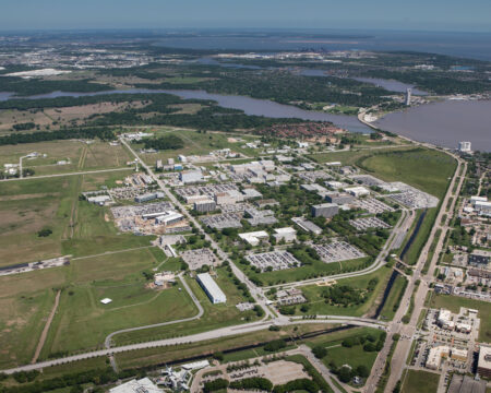 An aerial view of NASA's Johnson Space Center in Houston.