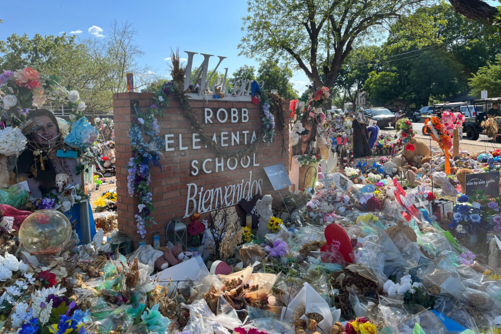 A memorial for the victims of the Robb Elementary School shooting outside the school, on July 10, 2022.