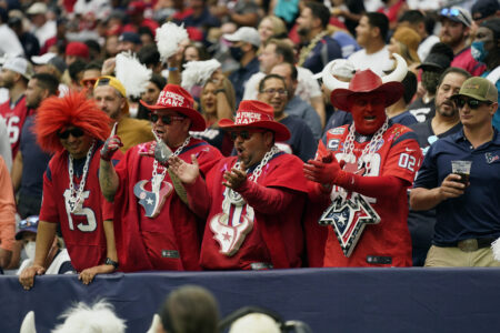 Houston Texans fans cheer during the first half of an NFL football game against the Jacksonville Jaguars Sunday, Sept. 12, 2021, in Houston. (AP Photo/Eric Christian Smith)