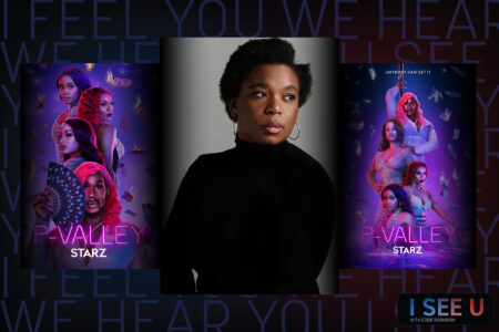 Cover art from STARZ show P-Valley and photo of show creator Katori Hall
