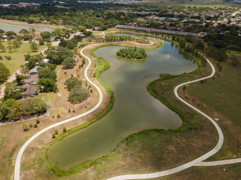 An aerial view of Exploration Green in Clear Lake