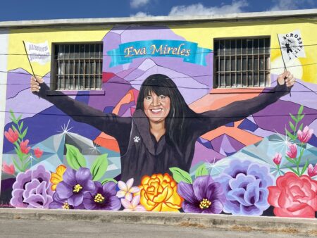 A mural honoring Eva Mireles, a teacher who was killed in the shootings at Robb Elementary school.