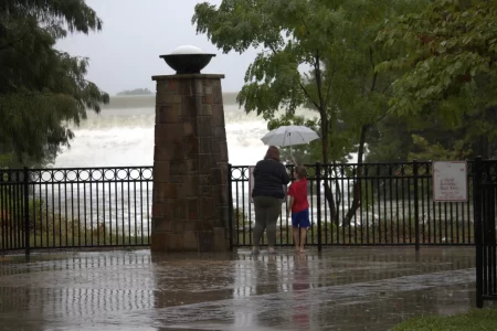 Whitewater roared across the spillway at White Rock dam after heavy rainfall late Sunday and Monday.