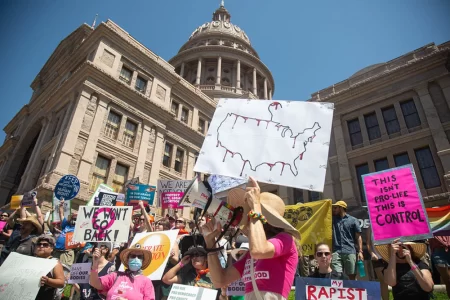 Hundreds of demonstrators rally after the Supreme Court’s drafted opinion to overturn Roe v. Wade is leaked on May 14, 2022, at the Texas State Capitol Building in Austin.