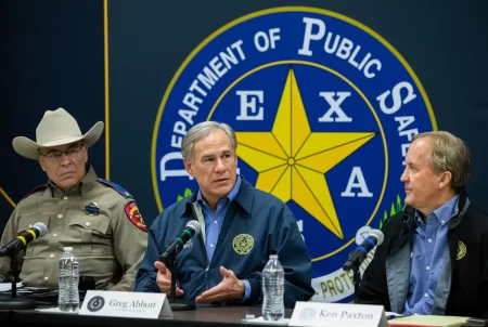 Gov. Greg Abbott and Attorney General Ken Paxton at a border security briefing in January. On Wednesday, Abbott directed the Department of Public Safety to target drug cartels as fentanyl deaths continue in Texas.