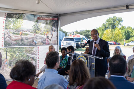 Mayor Sylvester Turner talks about Buffalo Bayou Park's East End expansion during a press conference neat Tony Marron Park on September 26, 2022.