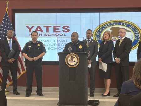 HPD Chief Troy Finner at Yates High School to announce a DOJ partnership to address crime.