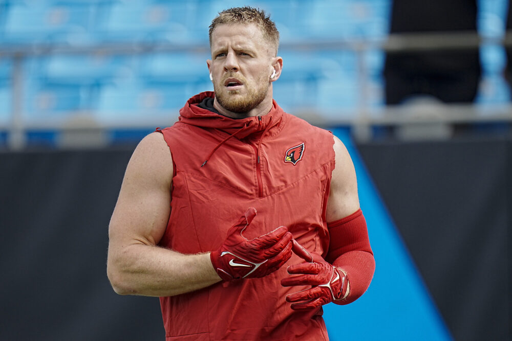 Arizona Cardinals defensive end J.J. Watt warms up before an NFL football game against the Carolina Panthers on Sunday, Oct. 2, 2022, in Charlotte, N.C.