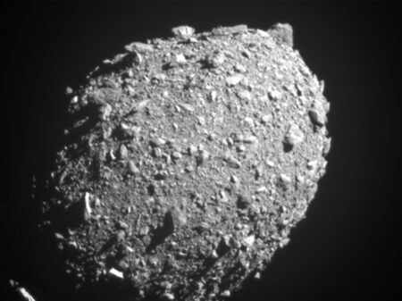 Asteroid moonlet Dimorphos as seen by the DART spacecraft 11 seconds before impact.