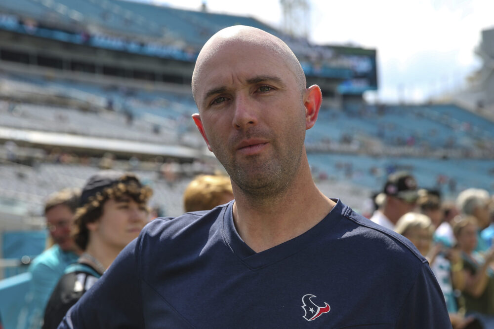 Houston Texans executive vice president of football operations Jack Easterby during warm-ups before an NFL football game against the Jacksonville Jaguars on Sunday, Oct. 9, 2022, in Jacksonville, Fla. 