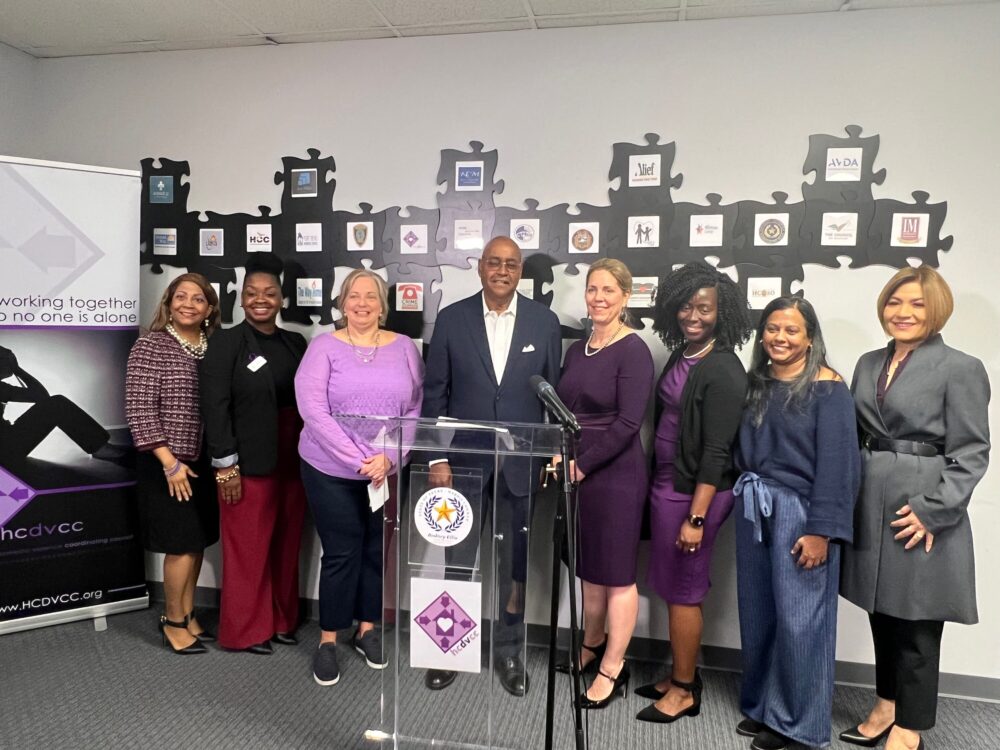 Harris County Commissioner Rodney Ellis and domestic violence prevention advocates announced funding for a domestic violence assistance fund. 