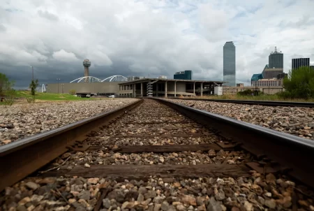 Railroad tracks near a proposed bullet train terminus on the outskirts of downtown Dallas in Dallas.