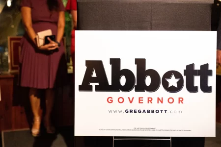 An Abbott campaign sign at the Travis County GOP watch party on Tuesday.