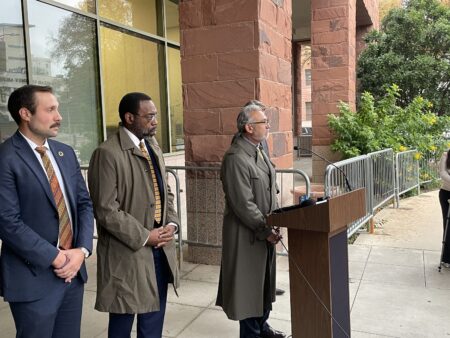 Bexar County District Attorney Joe Gonzales announcing the indictments at a press conference. Daryl Harris, the chief of the District Attorney’s Office Civil Rights Division who is leading the prosecution, stands to his right.