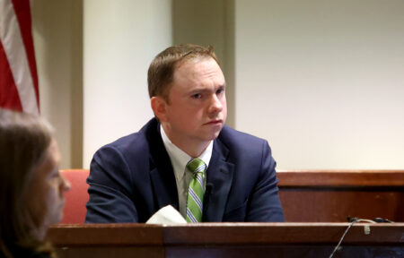 Aaron Dean takes the stand to testify on Monday, December 12, 2022, during his trial for the murder of Atatiana Jefferson in Fort Worth. Dean, a former Fort Worth police officer, is accused of fatally shooting Jefferson in 2019 during an open structure call.