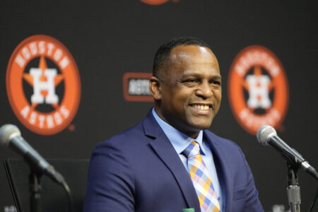 Dana Brown smiles during a news conference after being hired as the Astros general manager Thursday, Jan. 26, 2023, in Houston. Brown replaces James Click, who was not given a new contract and parted ways with the Astros just days after they won the World Series.