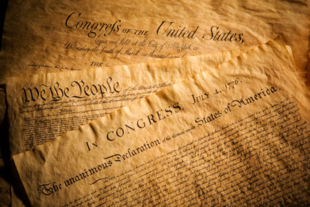 Declaration of Independance, Constitution and Bill of Rights, three of the most important documents in the history of the United States of America