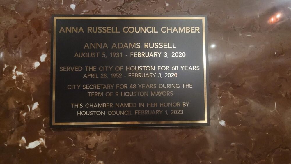 City Council named its council chamber after Anna Adams Russell who served for nearly seven decades. 