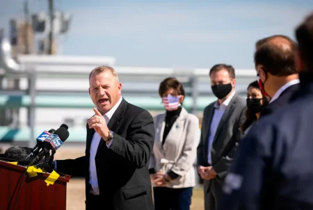 U.S. Rep. Troy Nehls, R-Richmond, speaking during a press conference at the Houston Ship Channel on Feb. 2, 2021.