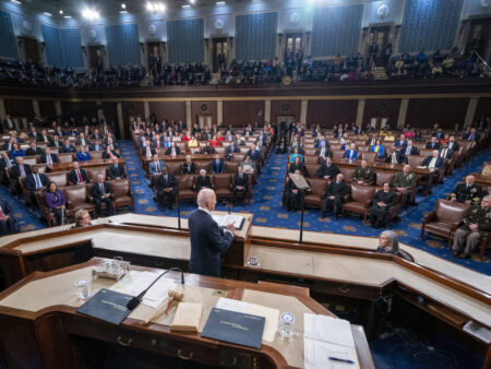 FILE - President Joe Biden delivers his first State of the Union address to a joint session of Congress at the Capitol, March 1, 2022, in Washington. When lawmakers gather for President Joe Biden's State of the Union address, the Republican side of the aisle will look slightly different than in years past. The House Republican majority has Black, Latino and female elected officials in their ranks. (Shawn Thew/Pool via AP, File)