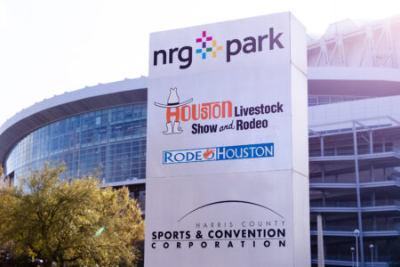 Houston Livestock Show and Rodeo sign at NRG Park in front of NRG stadium. Photo taken February 28, 2023.