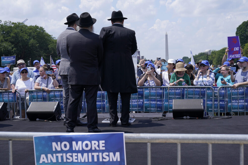 FILE - People attend the "NO FEAR: Rally in Solidarity with the Jewish People" event in Washington, Sunday, July 11, 2021, co-sponsored by the Alliance for Israel, Anti-Defamation League, American Jewish Committee, B'nai B'rith International and other organizations. A Jewish civil rights organization’s annual tally of antisemitic incidents in the U.S. reached a record high last year, with a surge that coincided with an 11-day war between Israel and the Hamas militant group, according to a report released Tuesday, April 26, 2022. 