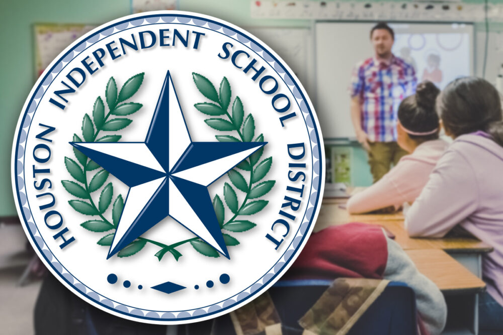 The HISD logo over a teacher and students in a classroom.