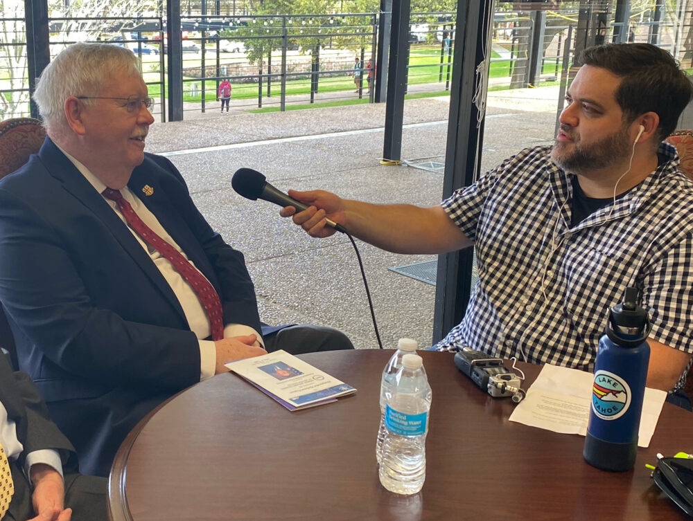 Former Ambassador John Tefft talks with Houston Matters producer at the University of Saint Thomas.