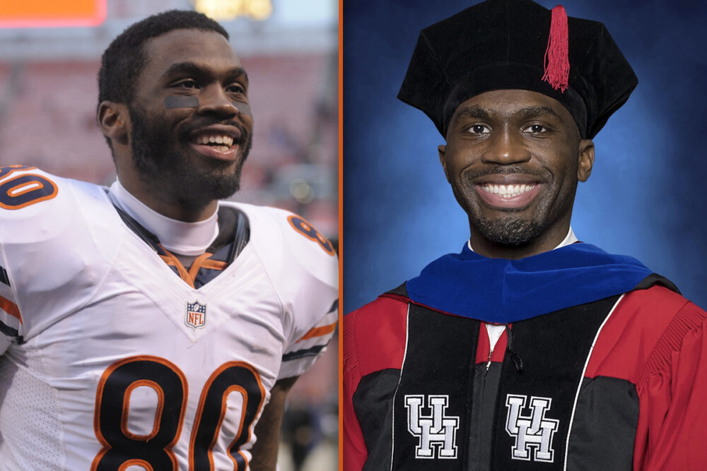 Earl Bennett in his playing days as a receiver for the NFL's Chicago Bears and in his graduation regalia after receiving his Ph.D. from the University of Houston.