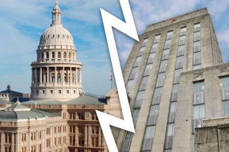 The Texas capitol building in Austin next to an image of Houston City Hall.