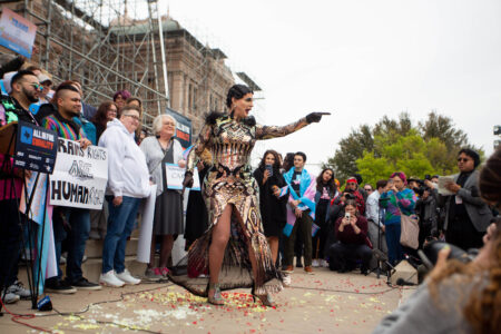 Cynthia Lee Fontaine performs in front of the crowd rallied outside the Texas Capitol steps to protest anti-LGBTQ legislation on March 20, 2023 in Austin, Texas.