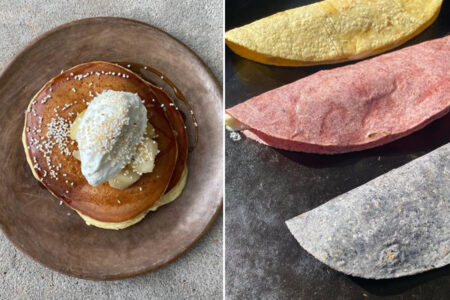 Pancakes on a plate next to an image of quesadillas.