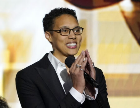 FILE - Brittney Griner appears on stage at the 54th NAACP Image Awards in Pasadena, Calif., on Feb. 25, 2023. Griner is working on a memoir that is scheduled for spring 2024.