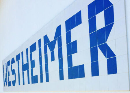 Blue tiles arranged to form the word Westheimer