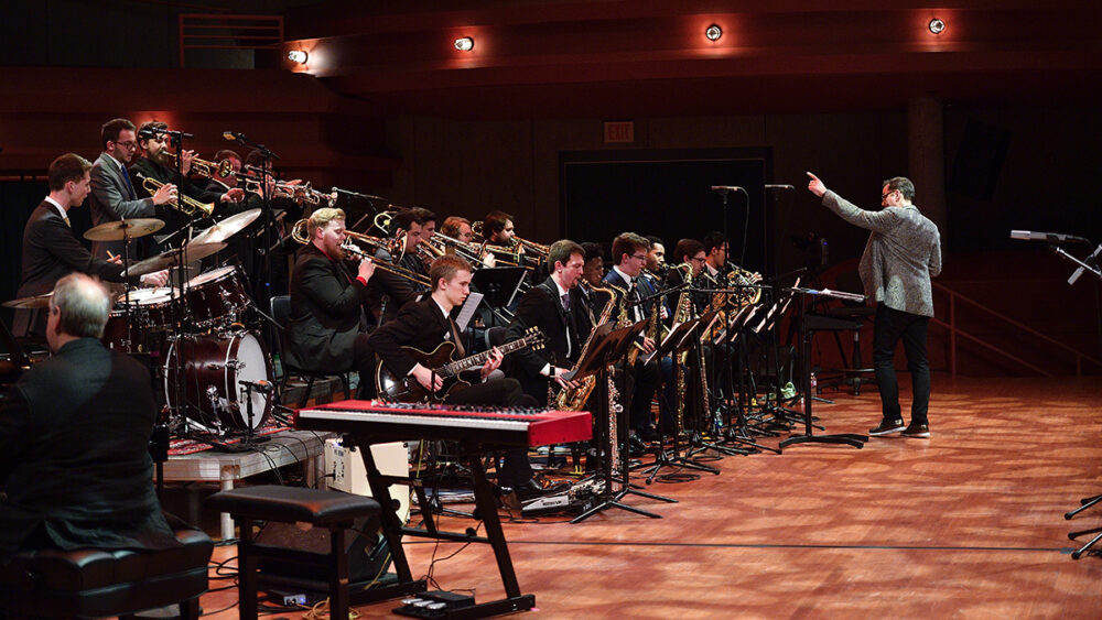Photo of jazz big band performing on stage