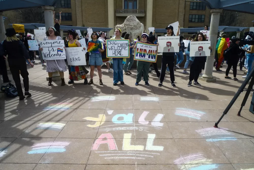 West Texas A&M University students rallied against the university president’s decision to cancel a drag performance on March 23, 2023. 