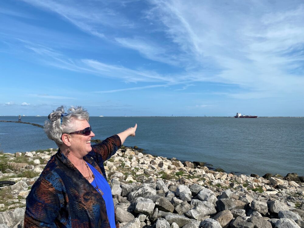Kelly Burks-Copes with the Army Corps of Engineers points to where the massive storm surge gate system will go. 