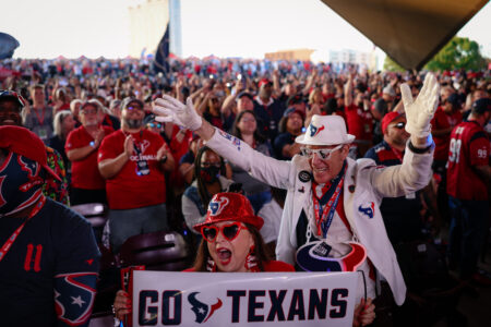 Houston Texans fans gathered at the Miller Outdoor Theater in Hermann Park on Thursday, April 27, 2023 for the Texans' Draft Day Party. Texans fans watched as the team made its selections for the 2023 NFL Draft. (Robert Salinas/Houston Public Media)