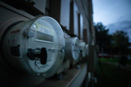 Electric meters are pictured at an apartment in East Riverside that was affected by local power outages after storms on Sept. 7, 2022, in Austin. Michael Minasi / KUT News