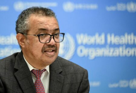 World Health Organization (WHO) Director-General Tedros Adhanom Ghebreyesus attends a ceremony to launch a multiyear partnership with Qatar on making FIFA Football World Cup 2022 and mega sporting events healthy and safe at the WHO headquarters in Geneva on October 18, 2021. (Photo by Fabrice COFFRINI / AFP) (Photo by FABRICE COFFRINI/AFP via Getty Images)