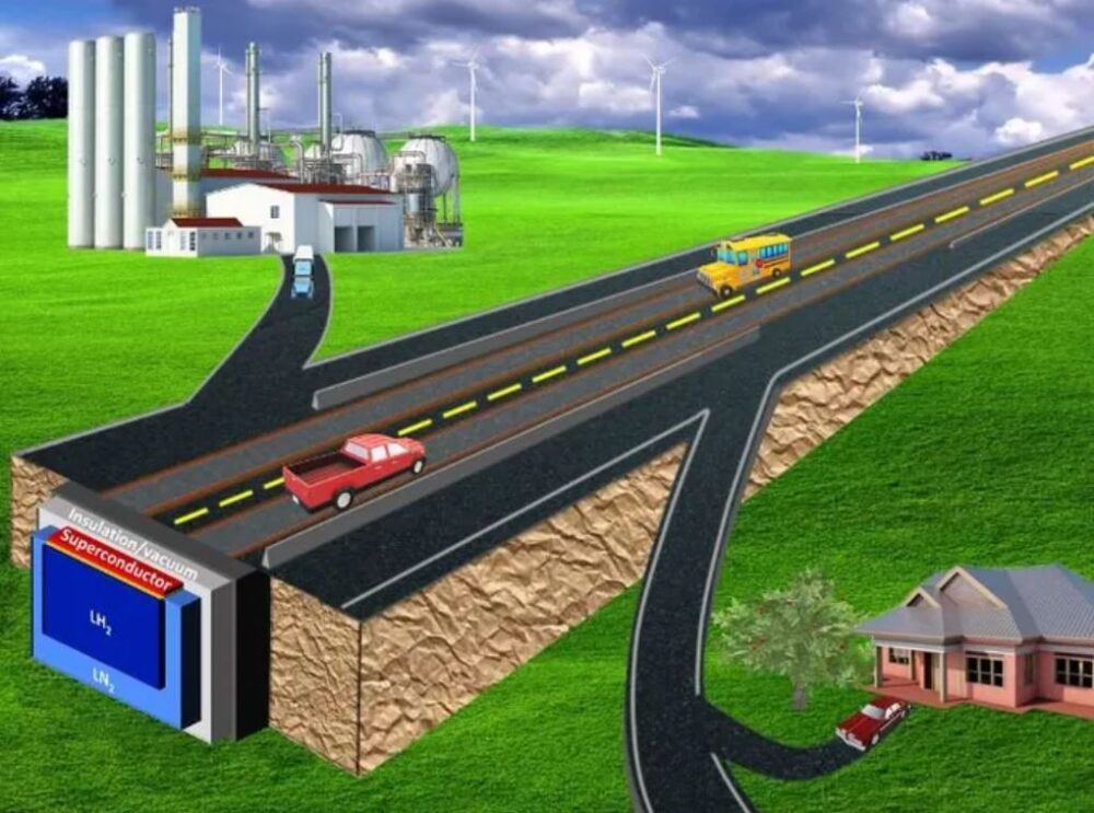 An illustration shows how a potential superconducting highway would transport both vehicles and energy at high rates of speed.