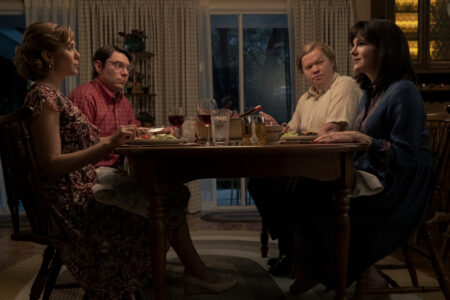 Still of characters from Love & Death sitting at a table