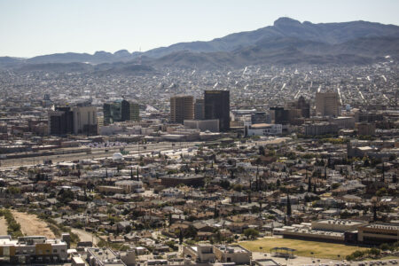 Downtown El Paso is seen from the Franklin Mountains with Ciudad Juárez, Mexico, in the background.