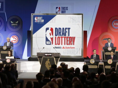 NBA team representatives on stage during the 2018 NBA Draft Lottery in Chicago.