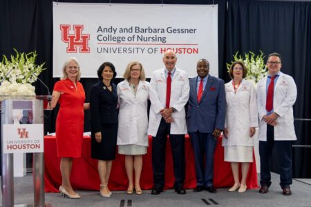 Pictured from left to right: Kathryn Tart, founding dean of the Gessner College of Nursing; Renu Khator, UH president; Barbara Gessner, donor; Andy Gessner, donor; Ricky Raven, member of the UHS Board of Regents; Lesil Gessner, daughter; and David Mytchak, Lesil's husband